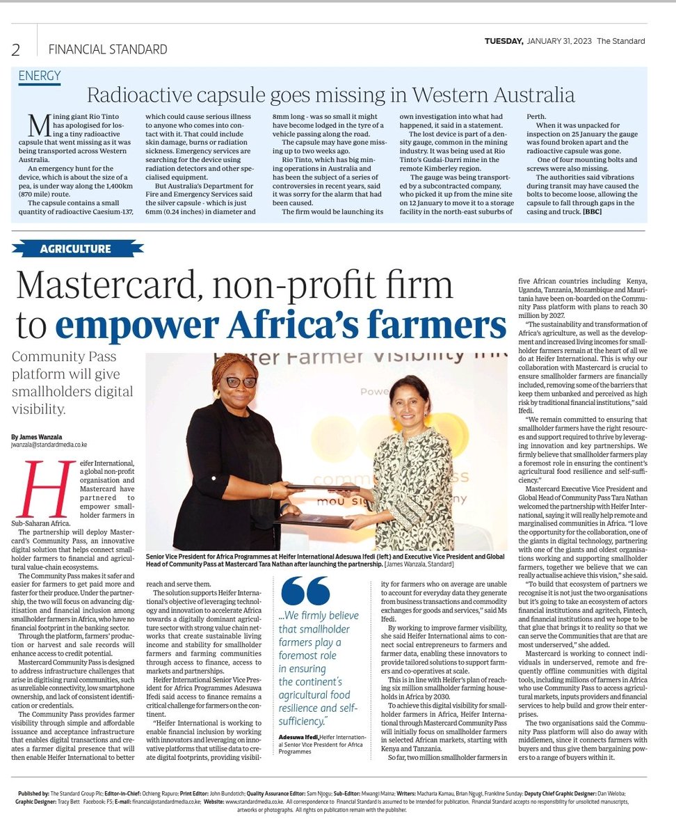 HeiferKenya's tweet photo. In today's #FinancialStandard of the Standard Newspaper- Page 2: Mastercard, non-profit firm to empower Africa's farmers. #Futureisfarmers
Read the story here π https://t.co/JuiiRwNdSQ https://t.co/wut46i71X9