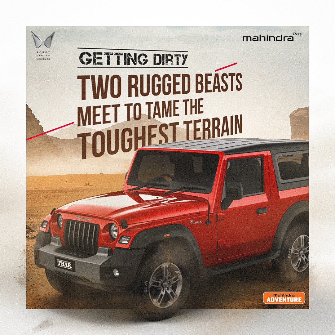 MahindraAdvntr's tweet photo. When the tough ones want to play rough, they need a bigger playground. Witness the Mahindra Thar and @CEATtyres CrossDrive AT tyres push terrains to the limit at our Igatpuri Academy.

#GettingDirty https://t.co/cV6ZxINqAd