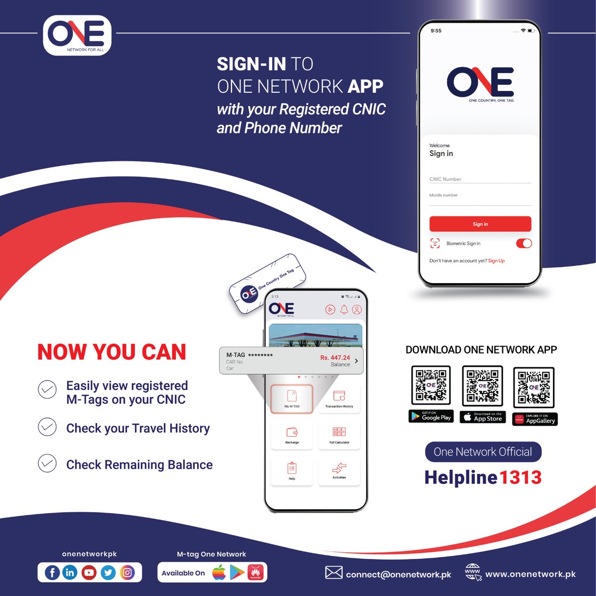 onenetworkpk's tweet photo. Managing your M-Tag now made Easy with our "M-Tag One Network" application.
Now you can View your M-Tag Details & Balance at the palm of your hand. #OneCountryOneTag #ConnectingFuture #OneNetwork #HBL #BankAlfalah #Digitization #Tolls #Islamabad #Karachi #Lahore #Peshawar https://t.co/rYTWU7QdGL