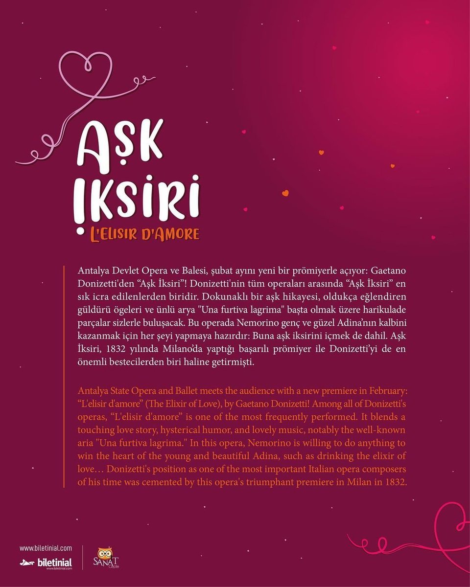 antkulturturizm's tweet photo. Antalya Devlet Opera ve Balesi
"Aşk İksiri" Opera 🎶
Prömiyer
4 Şubat Cumartesi ⏰️ 20.00
7 Şubat Salı ⏰️ 20.00
📍 Haşim İşcan Kültür Merkezi
https://t.co/nNmMOpZHre
#Antalya #etkinlik #operabale #kültürsanat
@AntalyaDOB https://t.co/e8Y48dIxE4