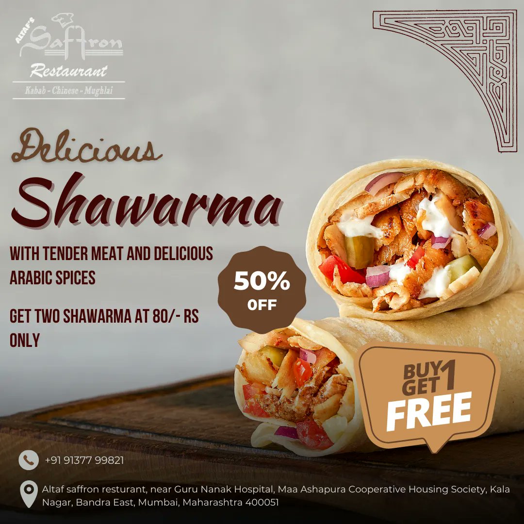 saffronbandra's tweet photo. "Double the Shawarma, Double the Fun! 🌯 Buy 1, Get 1 Free Today! Who's ready to indulge in some deliciousness with a friend? 🙋♀️🙋♂️
#ShawarmaLovers #ShawarmaTime #ShawarmaCravings #ShawarmaLove #ShawarmaHeaven #MiddleEasternFood #StreetFood #Foodie #Foodstagram #FoodPorn https://t.co/MJF5oh08l8