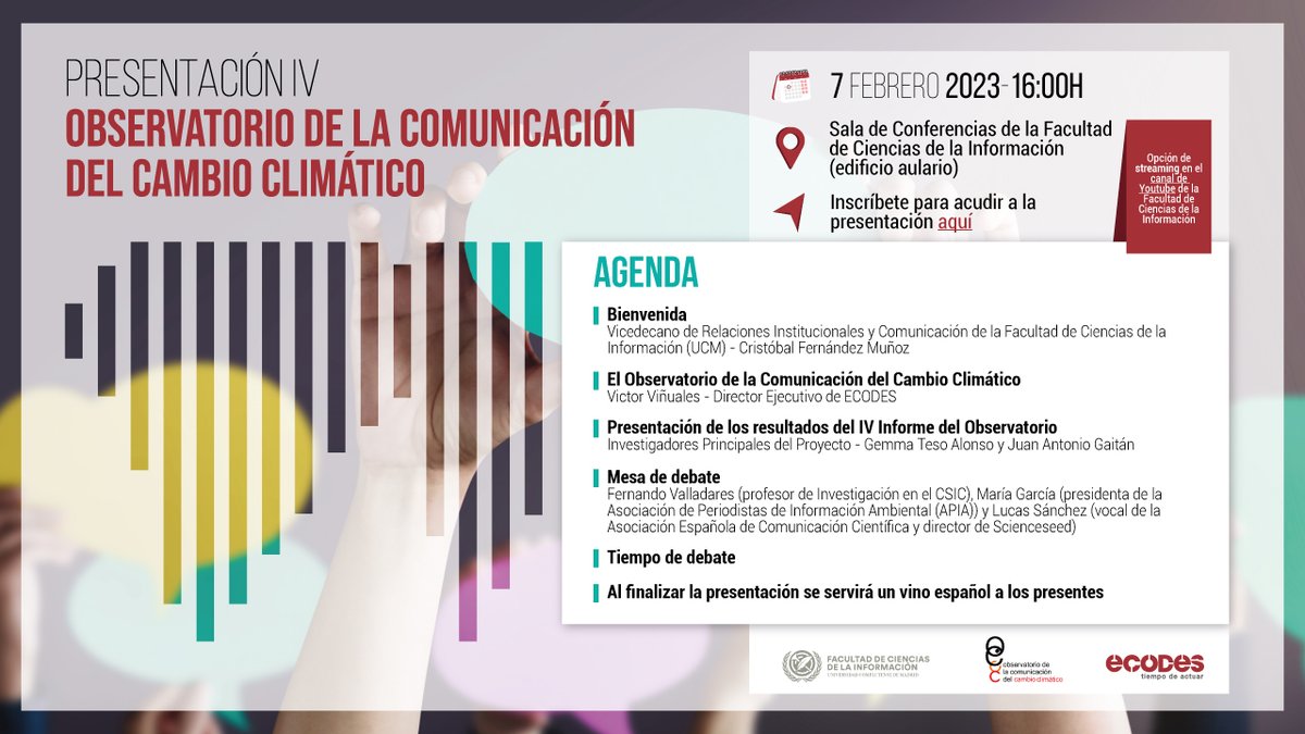 El martes que viene, 7 de febrero, a las 16 horas se presenta el IV Observatorio de la Comunicación del Cambio Climático en la <a href="/UCMccinf/">Facultad Ciencias Información</a> 

Hablaremos de cómo contamos y cómo nos cuentan ¡No te lo puedes perder!

Apúntate ➡️ ecodes.org/hacemos/cambio…