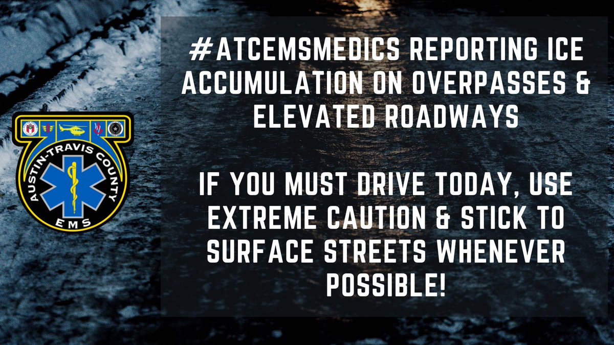 #ATCEMSMedics are reporting that most ALL elevated roadways are iced over. 

Stay off the roads unless it is an absolute emergency. 

If you MUST drive:
-Slow down
-Increase following distance
-Don't slam on the brakes 
-Steer in direction of the slide
-Stay in your vehicle
