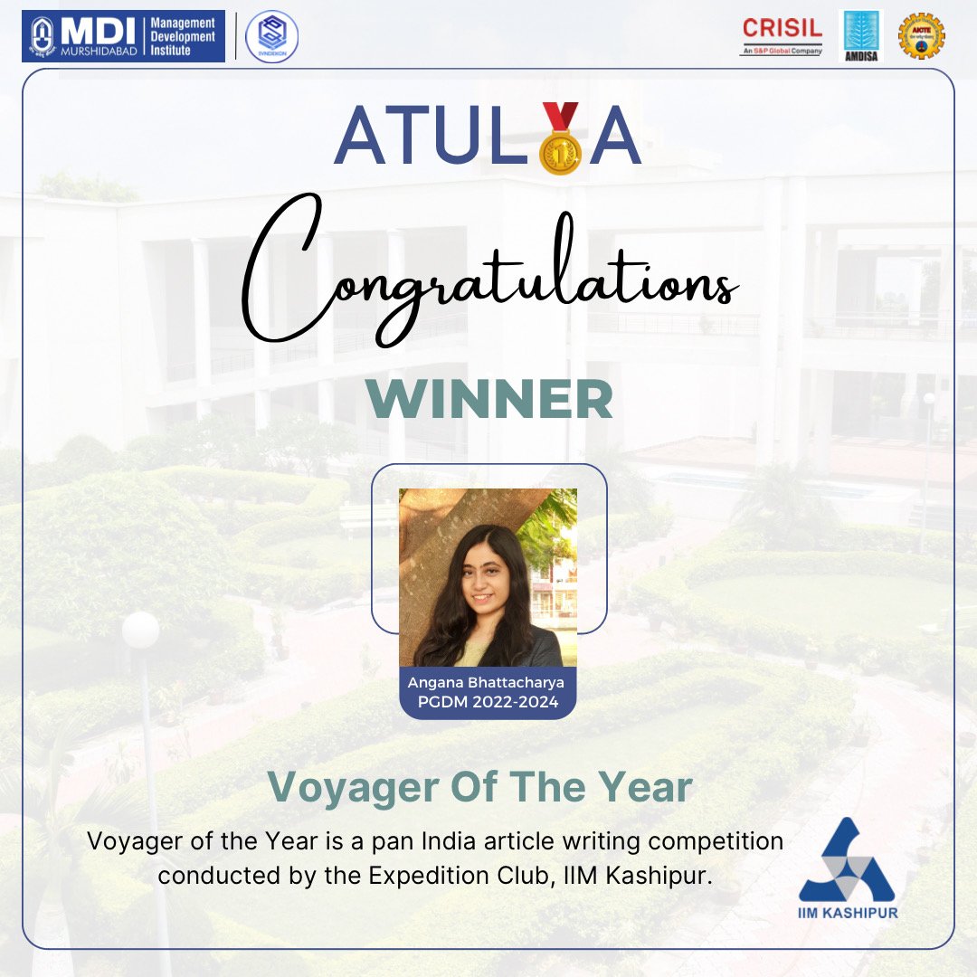 With great pleasure and immense pride #MDIM announces Angana Bhattacharya of PGDM Batch 2022-24 has emerged victorious in Voyager of the Year - an article writing competition organized by the Indian Institute of Management, Kashipur.

#MDI #MBA #d2c #IIM #IIMKashipur #Competition