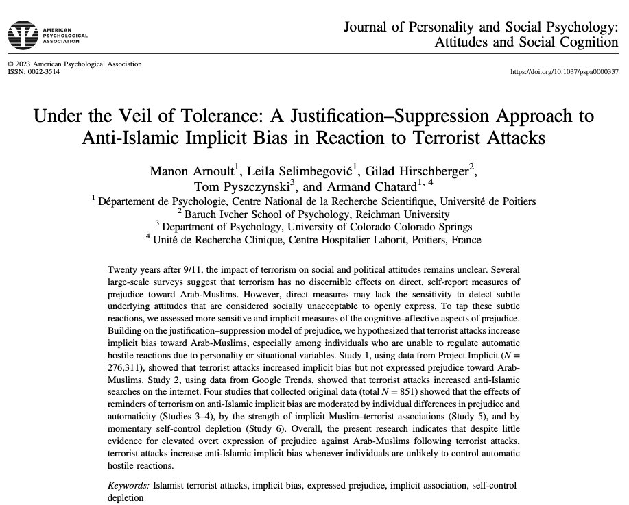 Check out our new paper in <a href="/APA_Journals/">APA Journals</a>' Journal of Personality and Social Psychology: Attitudes and Social Cognition where we revisit the impact of terrorist attacks on anti-Islamic prejudice  psycnet.apa.org/record/2023-38…