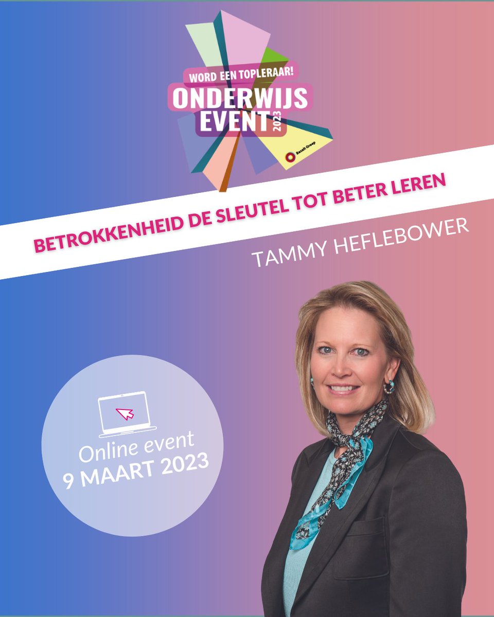 Wil jij ook betrokken leerlingen? 
Dr. Tammy Heflebower gaat jou inspireren hoe je dit doet. Na de keynote van Tammy kun je verschillende workshops volgen met o.a. praktijkvoorbeelden uit het Nederlandse onderwijs. bazaltgroep.nl/word-een-tople…

#Onderwijsevent #Wordeentopleraar