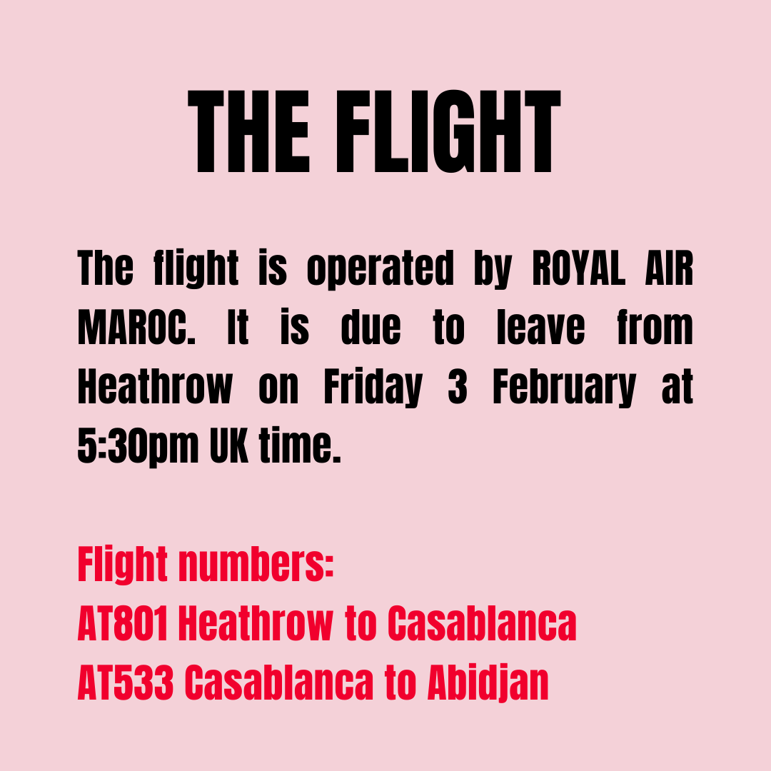 nobordersmcr's tweet photo. ❗️❗️❗️KEEP KOUAME SAFE ❗️❗️❗️

Kouame is an activist who faces deportation to the Ivory Coast, where his life has been threatened. He's due to be on THESE flights on Fri 3rd Feb from Heathrow on Fri 3 Feb 5:30pm (GMT):
AT801 Heathrow to Casablanca 
AT533 Casablanca to Abidjan https://t.co/PqMMugthsP