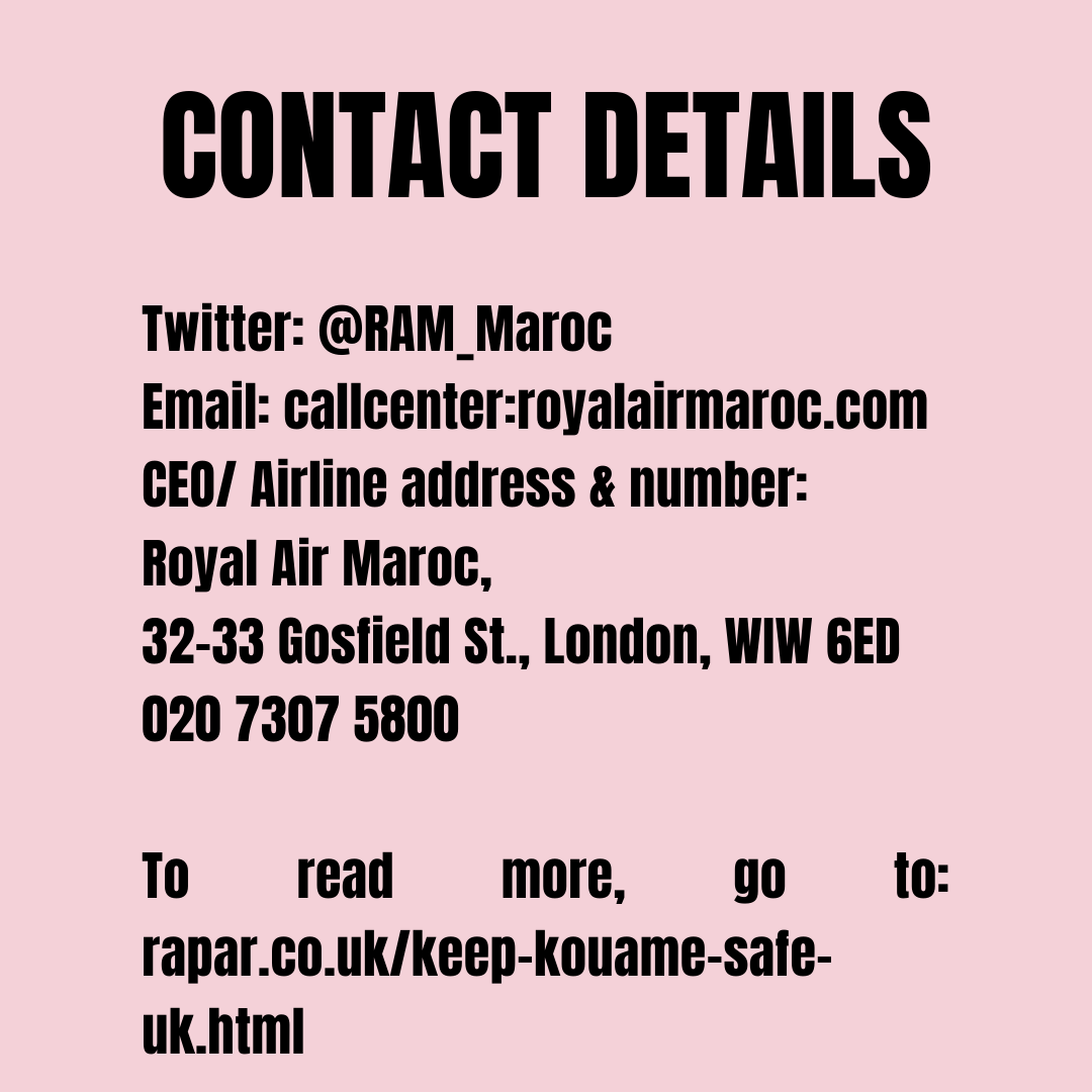 nobordersmcr's tweet photo. HOW YOU CAN HELP - 
contact ie tweet, call, email @royalairmaroc - ask them why they are prepared to be complicit in forcefully deporting somebody to a place where their life is in danger, on a passenger flight where others onboard will witness Kouame's distress. https://t.co/9e15VVelAH