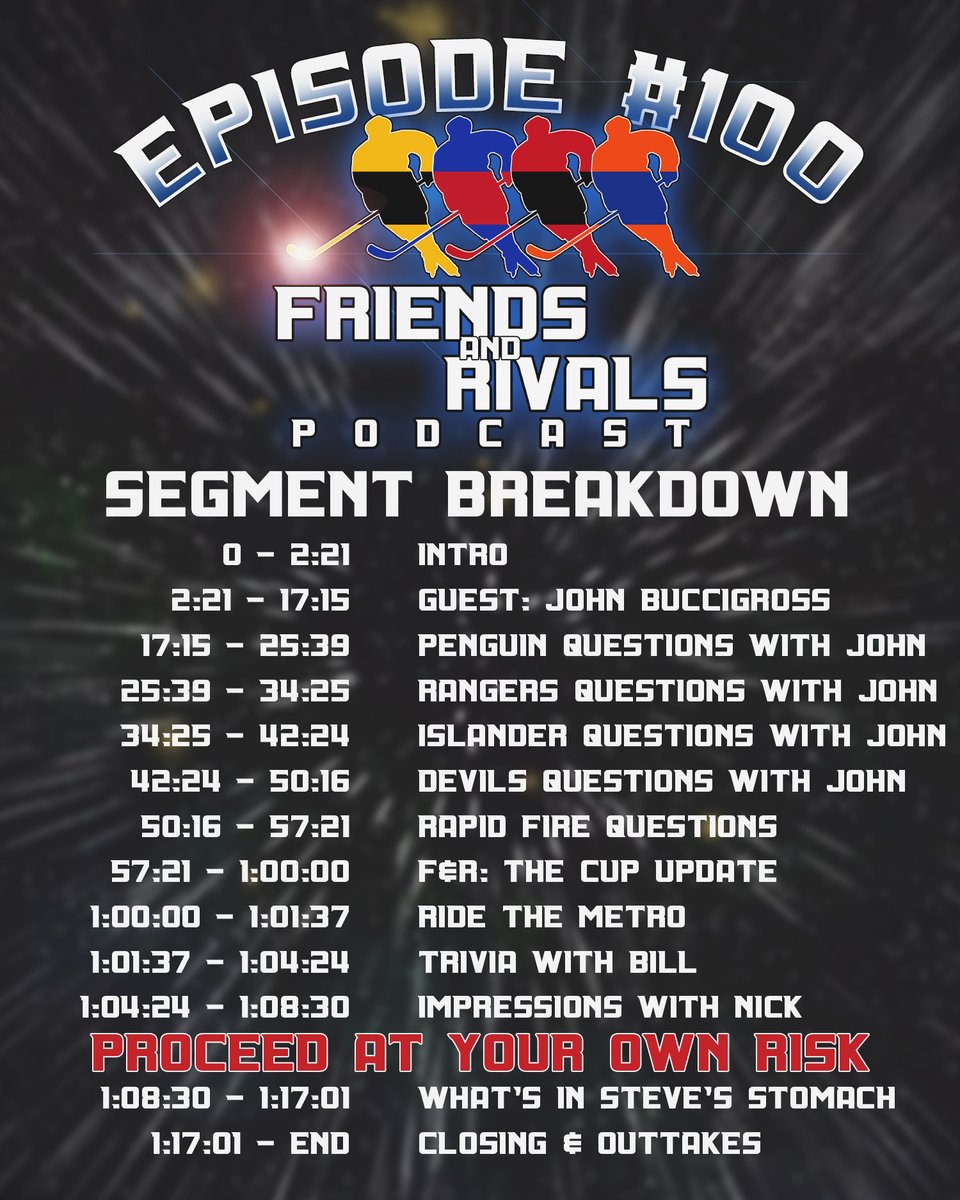 friends_rivals's tweet photo. Episode 100 with special guest JOHN BUCCIGROSS @buccigross is now live. Here is a timing breakdown for your listening enjoyment. Please, please, please give it a listen. 

https://t.co/1wR7N1JQMn https://t.co/mxRKr1L7jG