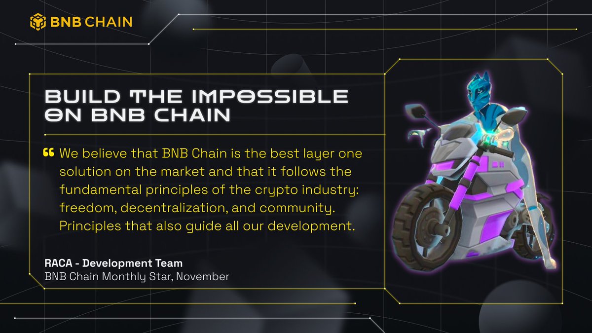 BNBChainDevs's tweet photo. Another ringing endorsement from a #Web3 project absolutely thriving on BNB Chain 🔔

Here's what our friends at @RACA_3 said about their motivation for building with us! https://t.co/rGv5giRw4G