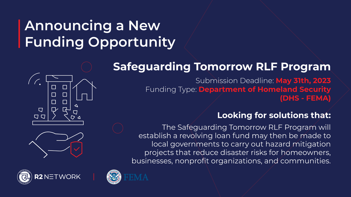 Learn more about <a href="/fema/">FEMA</a>'s Safeguarding Tomorrow RLF Program,  designed to help local governments to carry out hazard mitigation projects that reduce disaster risks. 

portal.r2network.com/program/safegu…