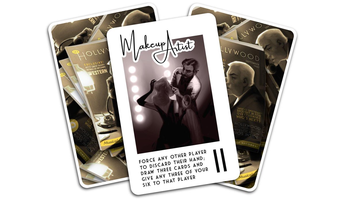 As part of our Kickstarter we are releasing a Deluxe Edition of Hollywood 1947! It includes 5 metal movie tokens, 9 wood loyalty tokens, 3 new characters, and 3 new posters (each by a guest illustrator). Follow along as we reveal more throughout the campaign. 16 days left!