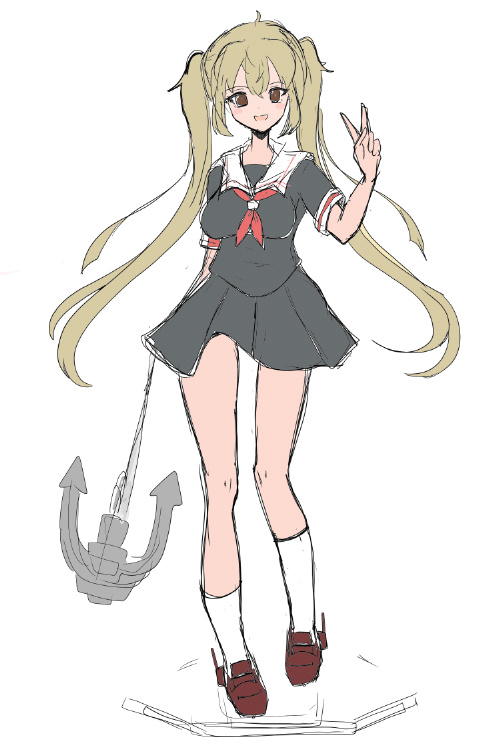 murasame (kancolle) 1girl twintails solo anchor serafuku school uniform long hair  illustration images