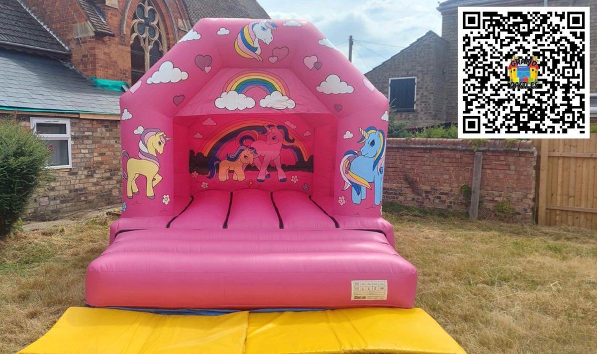 grand_castles's tweet photo. Unicorn themed children’s bouncy castle. Book today for £80, or £90 including disco lights and Bluetooth speaker. https://t.co/gKt7QMsBf5 or scan the QR code below. https://t.co/Fia9gqxNdj
