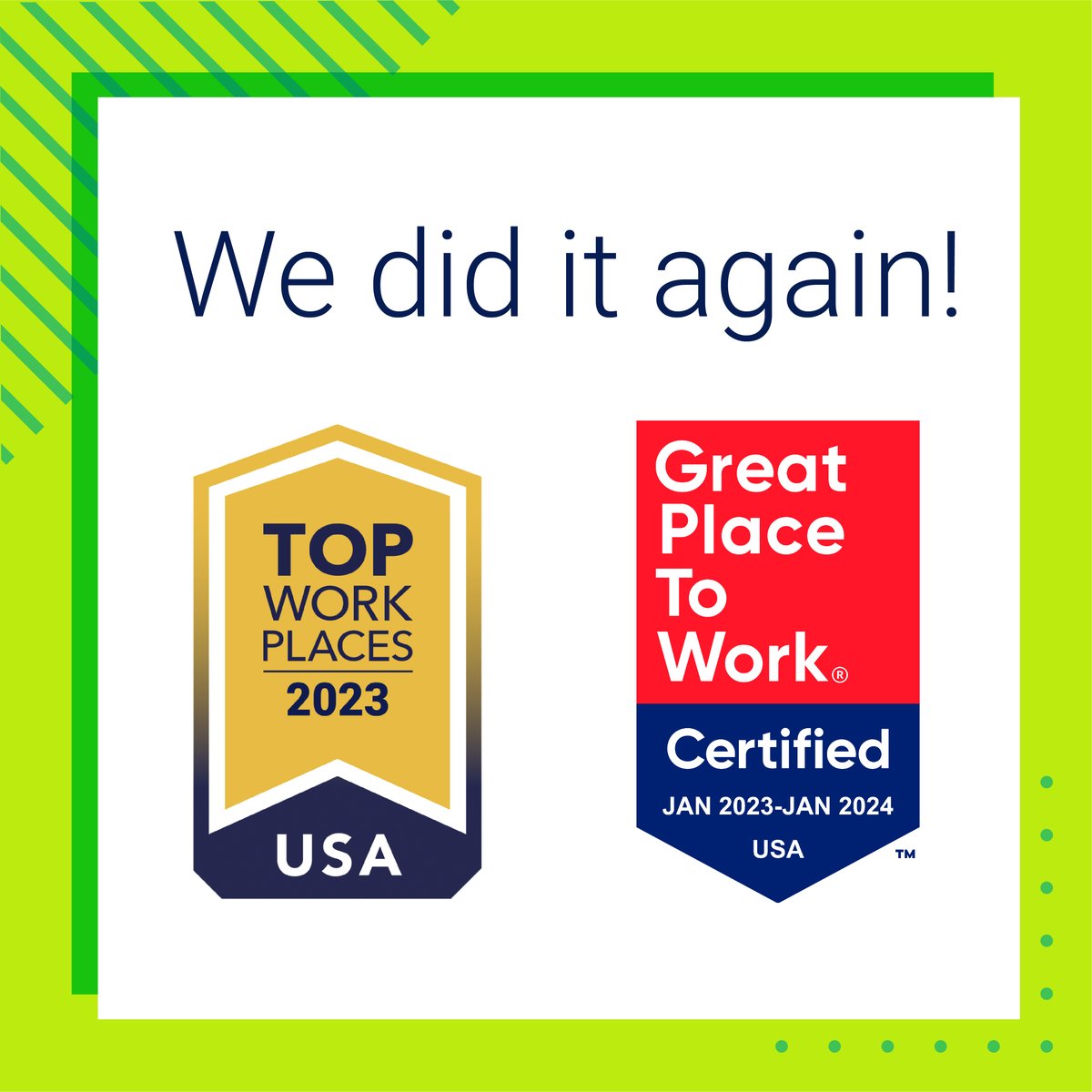 Great news! We're happy to announce we have been recognized as a top workplace by two national organizations - earning Top Workplaces USA issued by Energage and Certified™ by Great Place to Work®.   

Read more about this recognition: 
ensemblehp.com/blog/ensemble-…