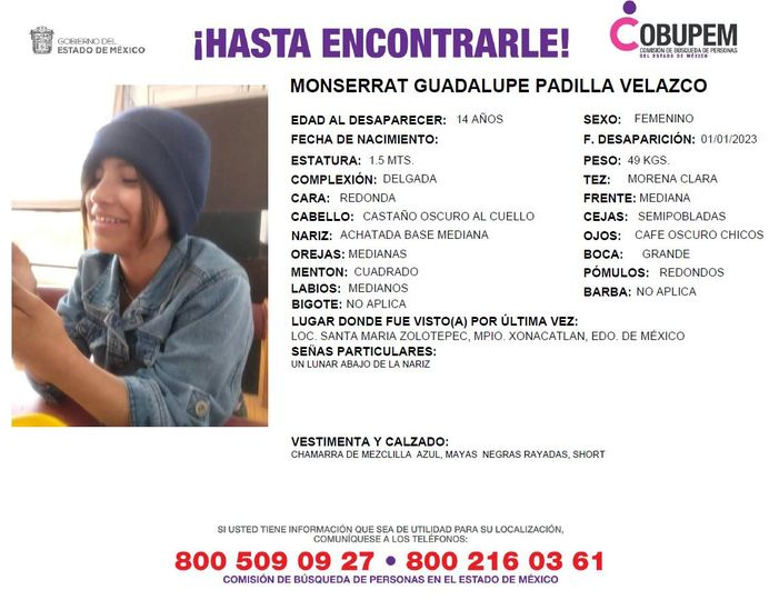 Solicitamos de tu apoyo en difusión para dar pronta localización a Monserrat Guadalupe Padilla Velazco, comunícate a los teléfonos de COBUPEM 800 216 0361, 800 509 0927. #TodosEnLaBúsqueda