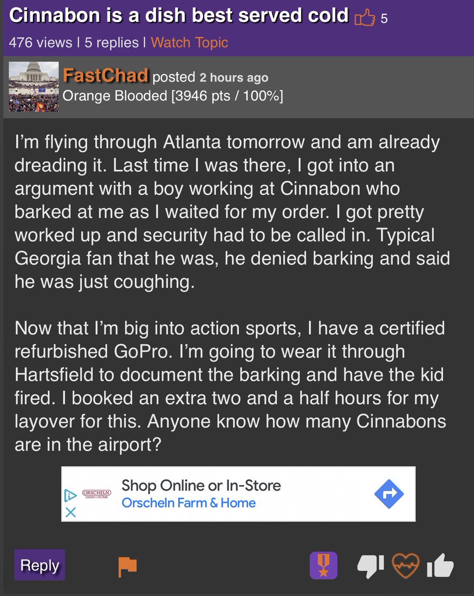 If you’re a #Georgia fan working in an airport Cinnabon, please be on the lookout for this GoPro wearing #Clemson fan. #nobarking