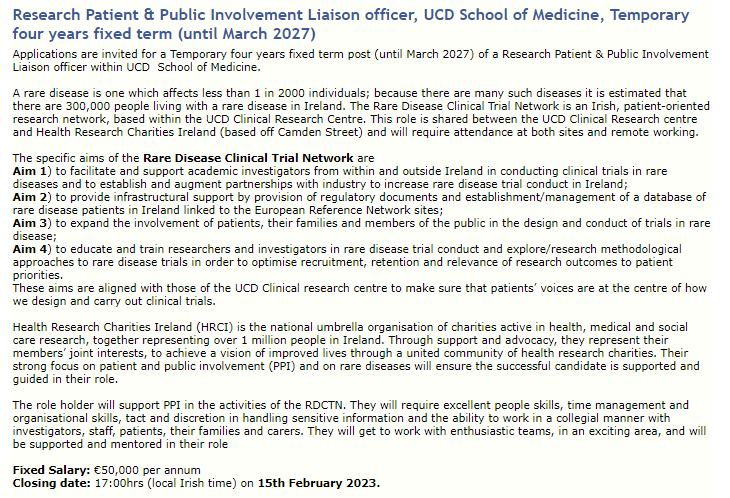 AvrilKennan's tweet photo. I'm hoping for another enthusiastic & dedicated person to join our lovely @HRCIreland team. This post, co-hosted with @UCDMedicine, will support PPI in the new Rare Disease Clinical Trial Network.
Closing date 15th Feb. Get in touch with any questions👉https://t.co/uADtdN0GBs https://t.co/hqc6RlaxLn