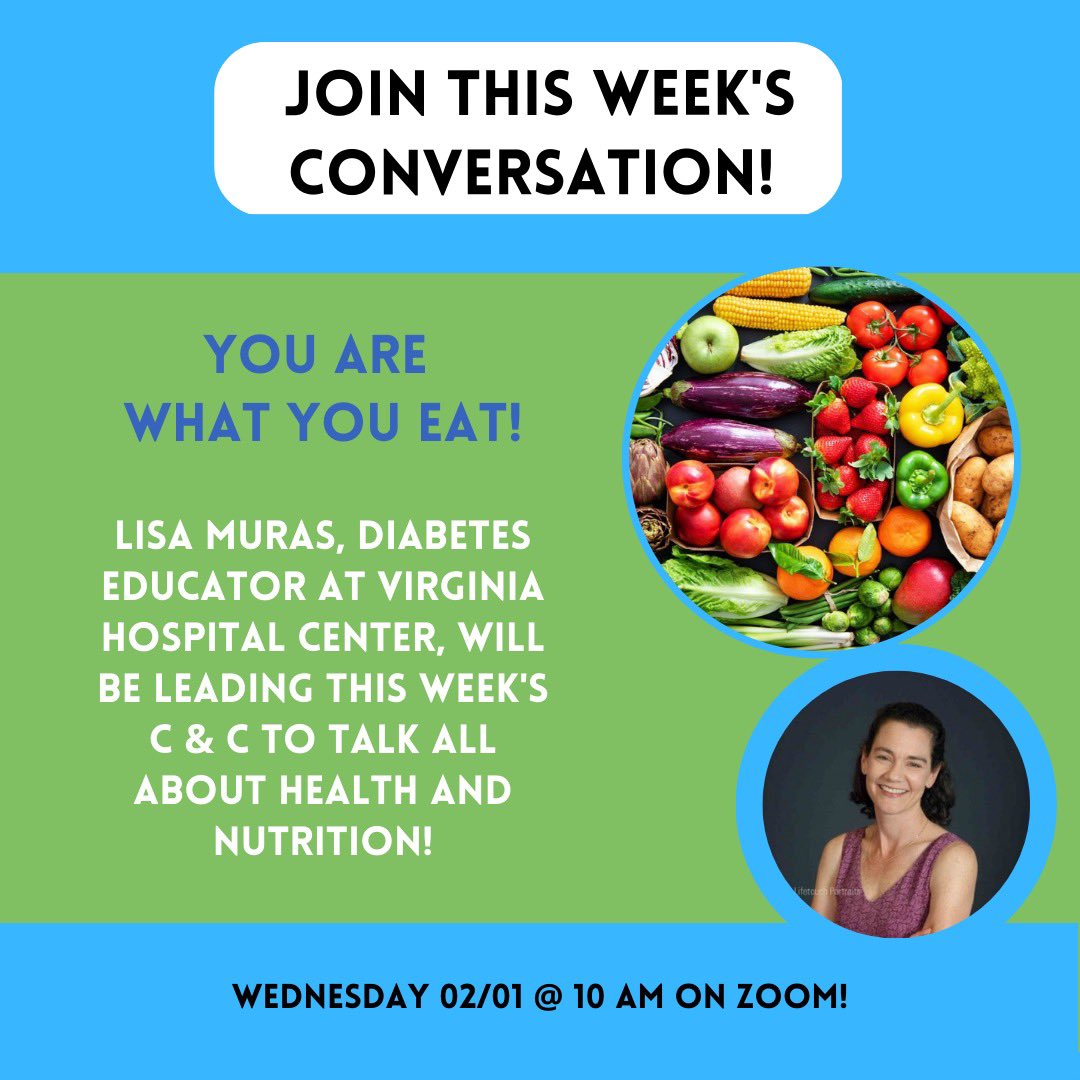 Lisa Muras, diabetes educator at Virginia Hospital Center, is leading this week’s Coffee &amp; Conversation along with ANV’s Health and Wellness team to show us how we may improve our health through better nutrition. 

us02web.zoom.us/j/88948577106?…