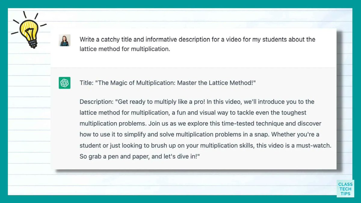 ClassTechTips's tweet photo. Here's an example from my new blog post 👇 
10 Things Teachers Can Do with ChatGPT to Save Time 

Check it out here 👉 https://t.co/y9RJU7206o

#fetc #tcea #tcea23 https://t.co/jqhkEB2gc4