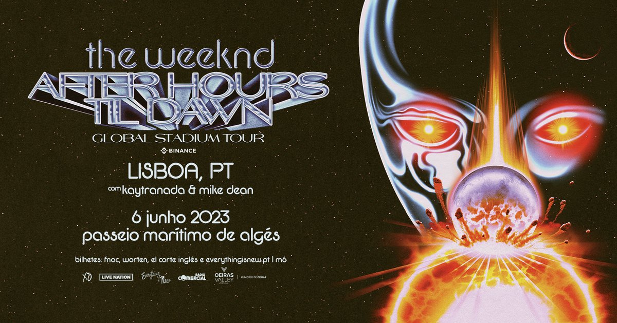 💥 THE WEEKND AO VIVO EM PORTUGAL 💥 A #AfterHoursTilDawn chega ao Passeio Marítimo de Algés no dia 6 de junho, para um concerto épico que não vais querer perder!

🎫 Bilhetes disponíveis no dia 4 de fevereiro às 10h em everythingisnew.pt e nos locais habituais.