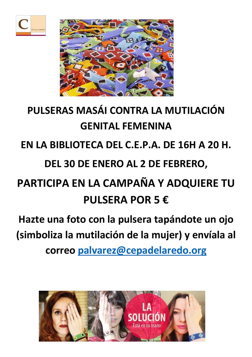 CEPAdeLaredo's tweet photo. El 6 de febrero es el "Día Internacional de Tolerancia Cero con la Mutilación Genital Femenina"
En el #cepadelaredo nos sumamos a la campaña de @mundocooperante  #PulserasMasai #stopMGF
#stopMatrimonioForzado
#serniñaesunderecho https://t.co/J3tKxot36S