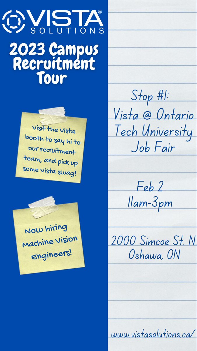 Vista Solutions Inc. (@vistatweets) on Twitter photo This week officially kicks off Vista's #2023CampusRecruitmentTour! 📚🍎🎓
Our mission is to spread awareness and practical knowledge associated with #machinevision and #industrialautomation amongst students in ON and MI.
Stop #1: <a href="/ontariotech_u/">Ontario Tech University</a> Job Fair | Feb 2 11am-3pm This week officially kicks off Vista's #2023CampusRecruitmentTour! 📚🍎🎓
Our mission is to spread awareness and practical knowledge associated with #machinevision and #industrialautomation amongst students in ON and MI.
Stop #1: <a href="/ontariotech_u/">Ontario Tech University</a> Job Fair | Feb 2 11am-3pm