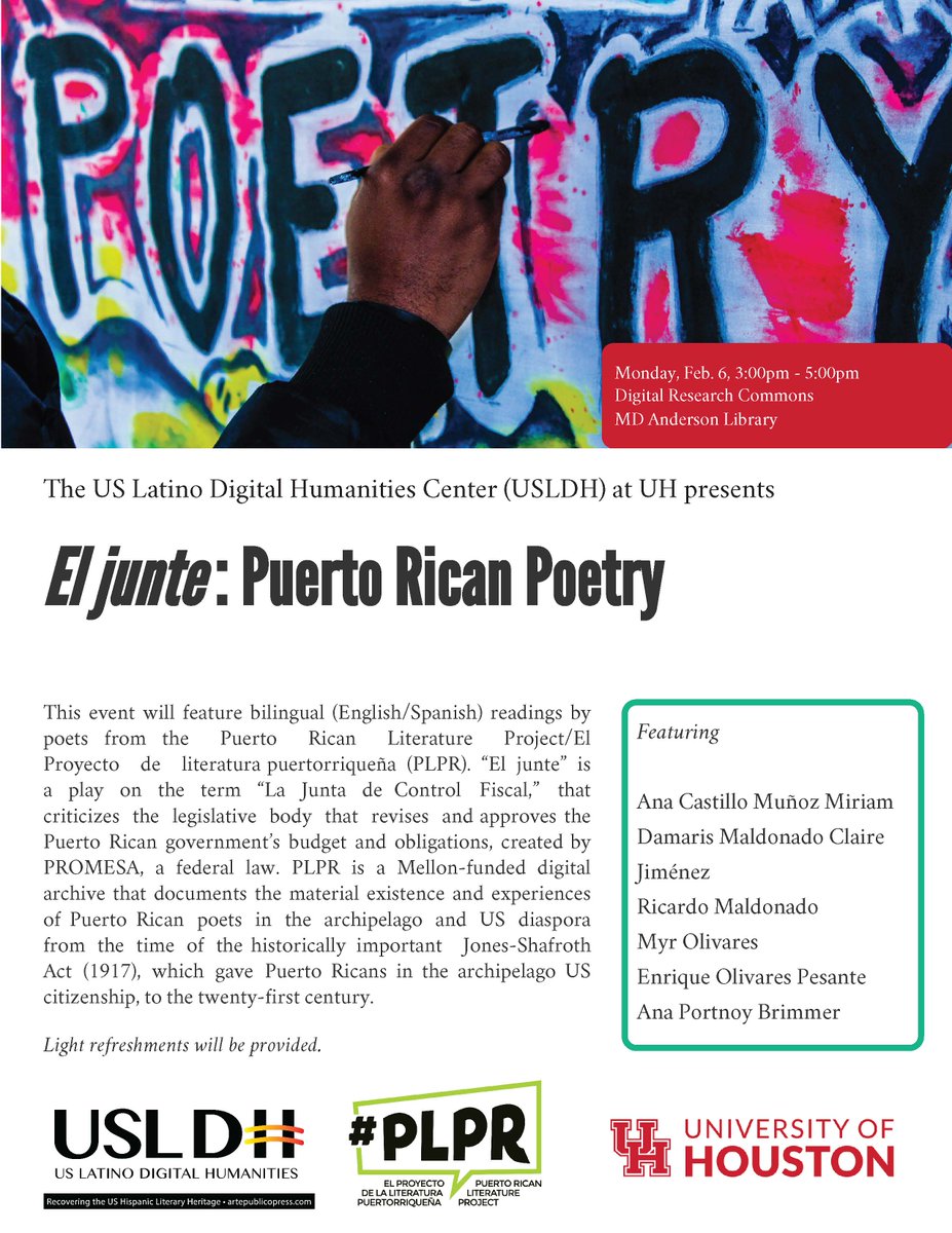 APPRecovery's tweet image. Join us on Feb. 6 for El junte: Puerto Rican Poetry at @UHDRC from 3:00pm-5:00pm. Featuring @ProyectoLitPR poets! #PLPR #proyectolitpr #usLdh #poetry @UHoustonLib #humanidadesdigitales #digitalhumanities @MellonFdn