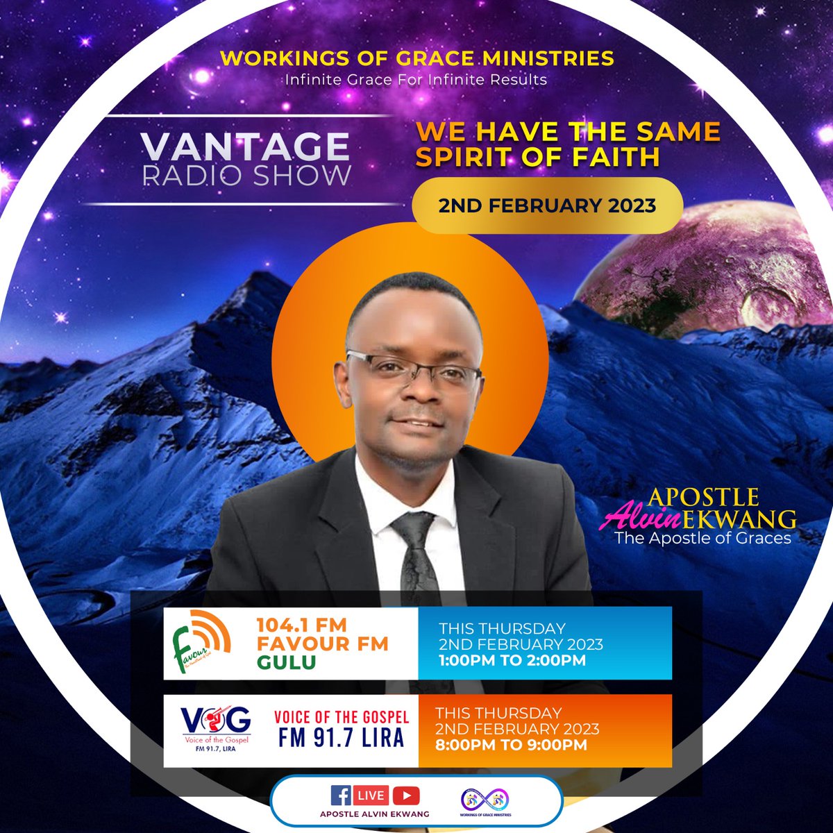 This Thursday 2nd February 2023 #GuluCity 1pm to 2pm and #LiraCity 8pm to 9pm  #VantageRadioShow with #ApostleAlvinEkwang Don't miss. Tune in and Be blessed.
