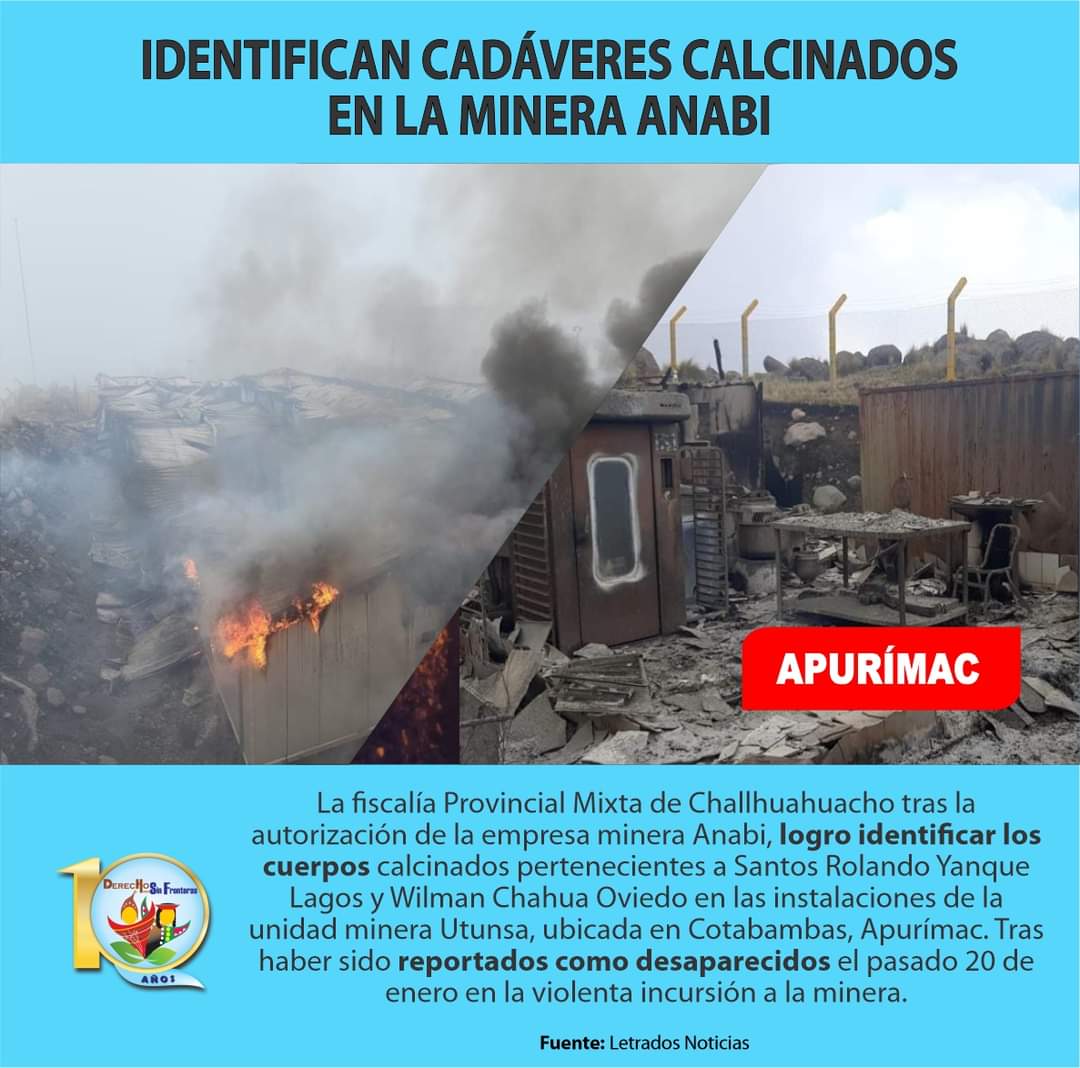 dhsfcusco's tweet photo. #Apurímac Fiscalía de #Challhuahuacho tras autorización de minera #Anabi, logro identificar los cuerpos calcinados de Santos Rolando Yanque y Wilman Chahua Oviedo en las instalaciones de la unidad minera Utunsa, Cotabambas, Apurímac. Tras haber sido reportados como desaparecidos https://t.co/JviALZj6xX