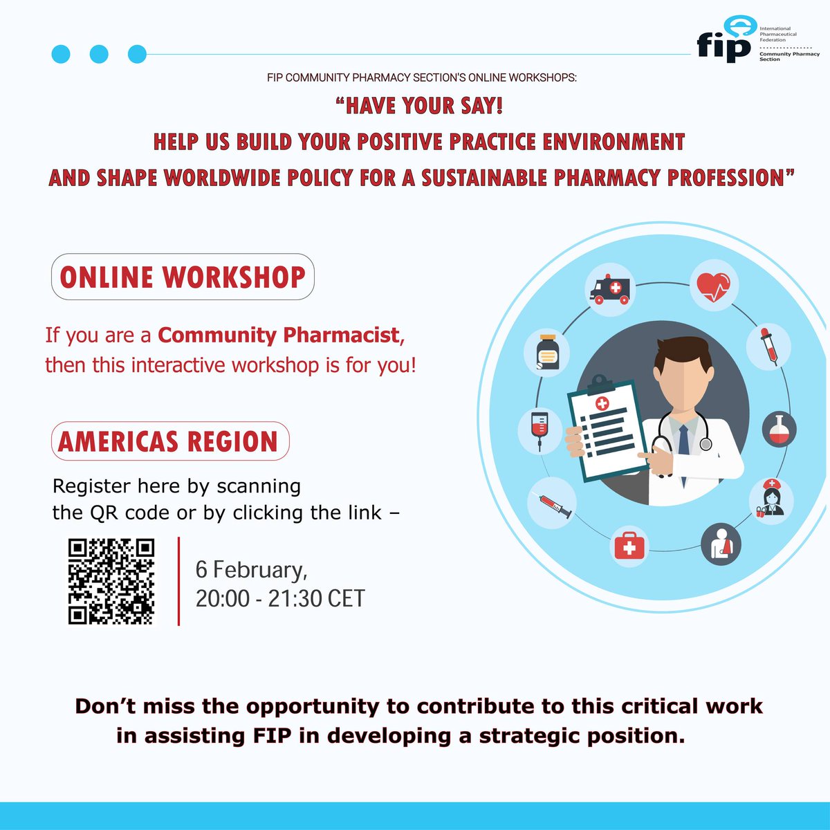 FIP_CPS's tweet photo. Are you a community Pharmacist? , If yes, then this workshop is for you!

If you are a community Pharmacist in the Americas region then-
Register here by scanning the QR code or by clicking the link –
https://t.co/RhtMKGEyJ2

#AmericasRegion #FIP #CommunityPharmacist #Pharmacy https://t.co/UAzYS70uI5