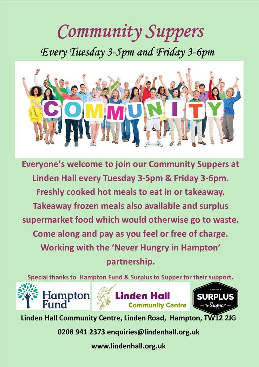 LindenHallHmptn's tweet image. All are welcome to join our Community Suppers at Linden Hall every Tuesday 3-5pm &amp;amp; Friday 3-6pm. Freshly cooked hot meals to eat in or takeaway. Takeaway frozen meals &amp;amp; surplus food. Pay as you feel or free of charge. Working with the ‘Never Hungry in Hampton’ partnership.