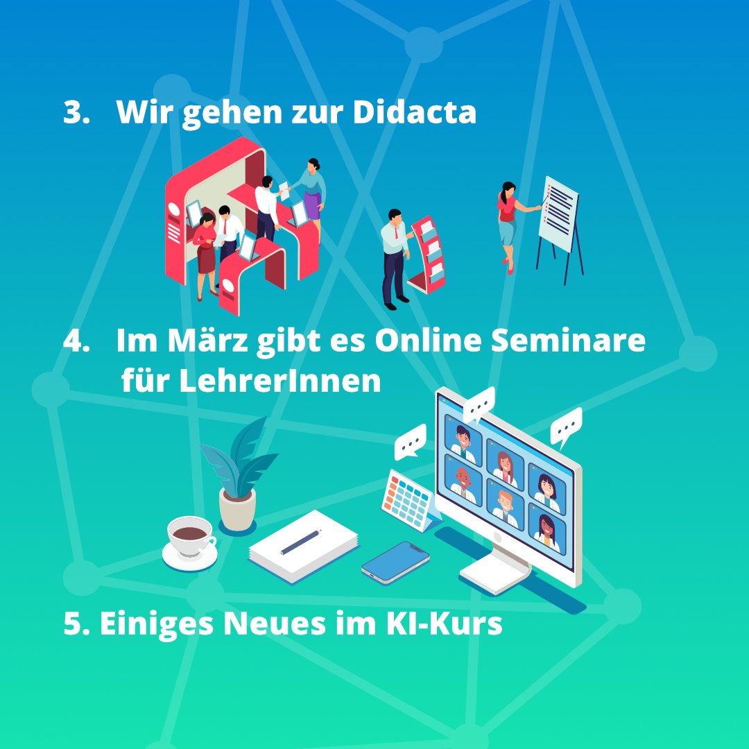 Wir haben Geburtstag und werden 5 Jahre alt - dafür haben wir 5 Neuigkeiten für euch! 🎉🤩  
Wir planen Alumnitreffen, gehen OnTour und zur Didacta, es wird online Seminare für LehrerInnen geben und einiges Neues im KI-Kurs.
#birthday #bwki