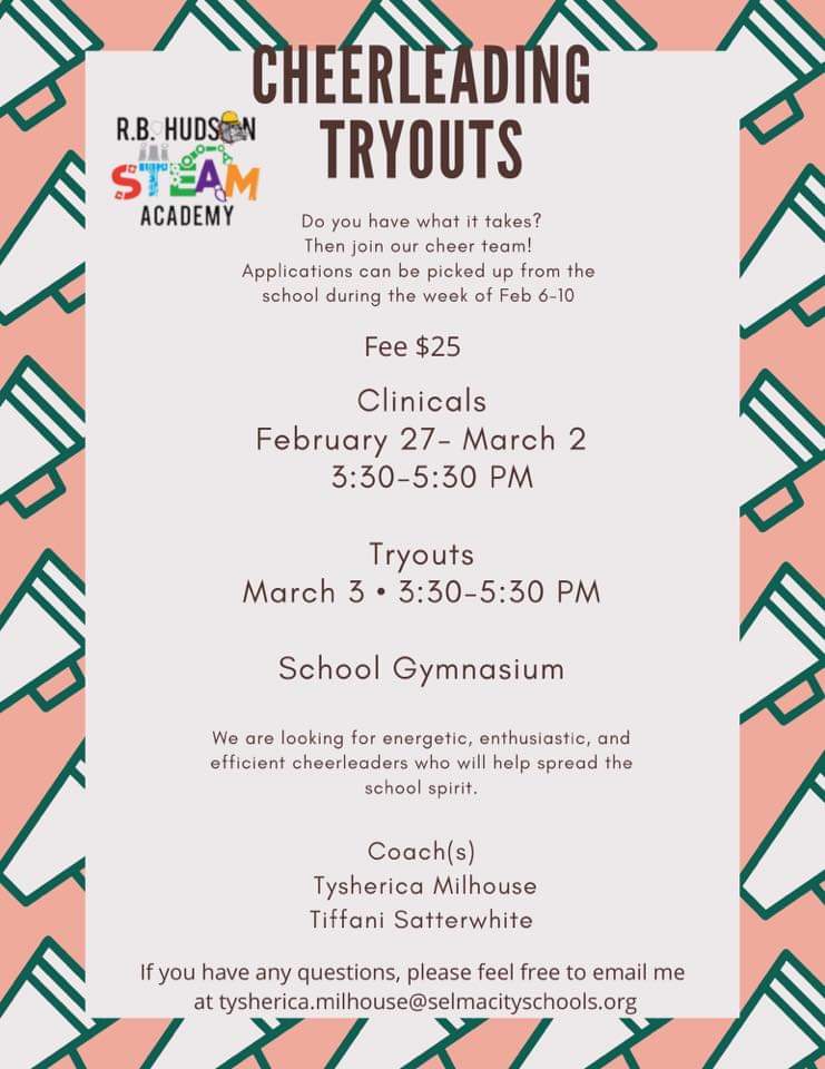 Are you interested in becoming an R. B. Hudson cheerleader? If so, pick up a cheer application next week and prepare yourself for the cheer clinicals and tryouts! #TeamHudson