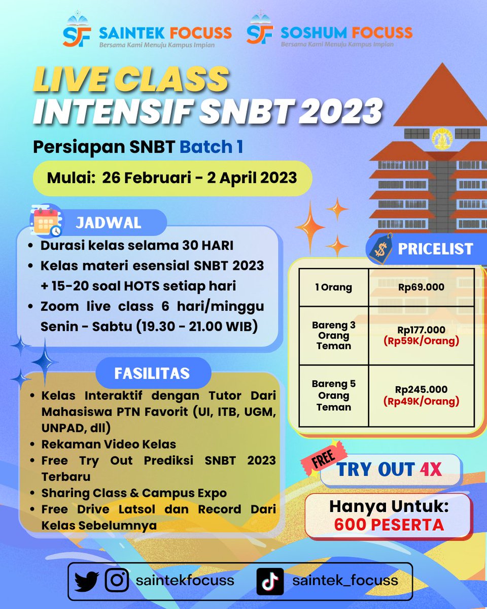 SaintekFocuss's tweet photo. 🔥OPEN LIVE CLASS TPS-SNBT🔥
PERIODE INTENSIVE BATCH 1

Fasilitas:
✅6x Zoom live class/Minggu
✅4x TO
✅Latsol tipe UTBK everyday
✅Tutor dari PTN bergengsi

SAINTEK &amp; SOSHUM
💸 :Only 69K

🔥UNTUK 600 PESERTA
@saintekfocuss
@soshumfocuss

📍Link Daftar:
https://t.co/7m6ZkH50XP https://t.co/GCMWKPdCFo