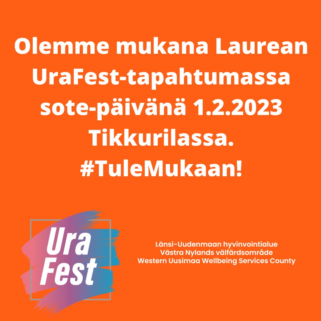 LUhyvinvointi's tweet photo. Osallistumme Laurean UraFest-messuille keskiviikkona 1.2. 
Länsi-Uudenmaan hyvinvointialueelta on mukana useita sosiaali- ja terveysalan ammattilaisia kertomassa työstään. 
Tervetuloa ständille!
#laureauas #urafest
#LänsiUudenmaanHyvinvointialue #LUhva #LUhyvinvointialue https://t.co/qyOfCNQ5in