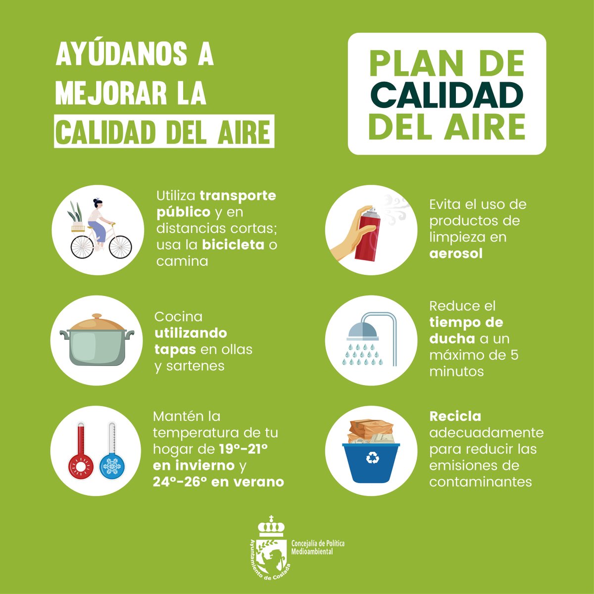 🌥️🌈 Plan de Calidad del Aire de Coslada
👉🏼Ayúdanos a mejorar la Calidad del Aire siguiendo estas recomendaciones
