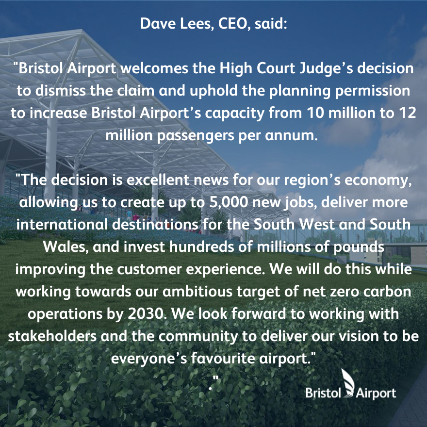 BristolAirport's tweet photo. The High Court has today dismissed the attempt to overturn the planning permission to increase our capacity from 10 million passengers per annum to 12 million.

➡️ Read more here >> https://t.co/NCmmK7e00R https://t.co/mYjwbix6R0