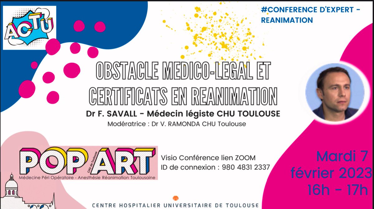 POpARToulouse's tweet photo. 📣📣Les #ConfsDexperts reviennent !
Retrouvez le Pr F Savall médecin légiste au @CHUdeToulouse qui abordera l’obstacle medico-legal et les certificats en réanimation.
📅 mardi 7 février
🕓 16-17h
🔗 Lien ZOOM cf Image ⬇️⬇️⬇️
Rejoignez-nous où que vous soyez ! 👍🫱🏼🫲🏽 https://t.co/2TAC4eu7eE