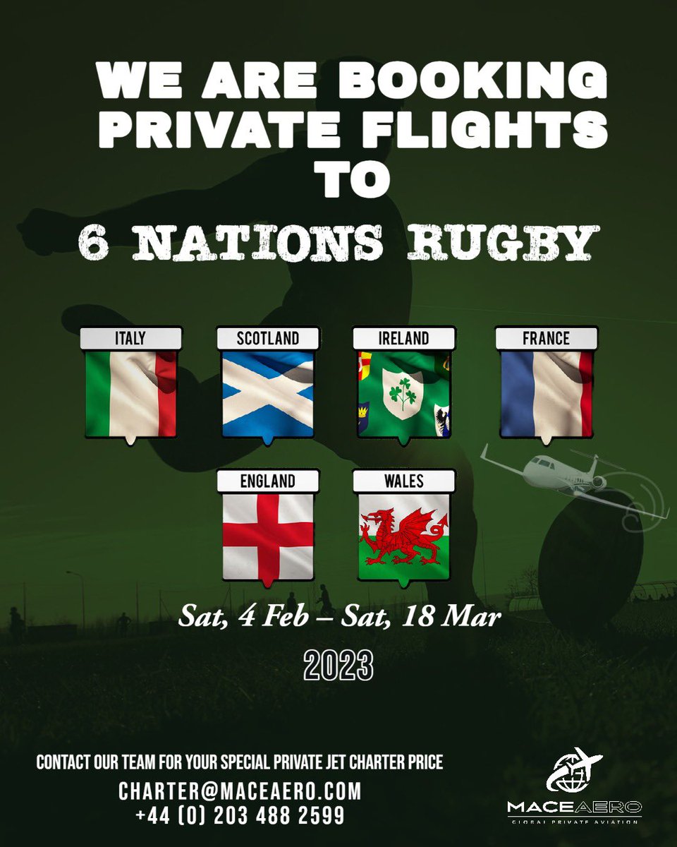 Contact charter@maceaero for you special private jet charter price

#6nationsrugby #rugby #maceaero #uk
#privatejet #privatejetcharter #flyprivate #london #aviation #jetcharter #france #wales #ireland #england #italy #scotland #6nationsrugby2023
