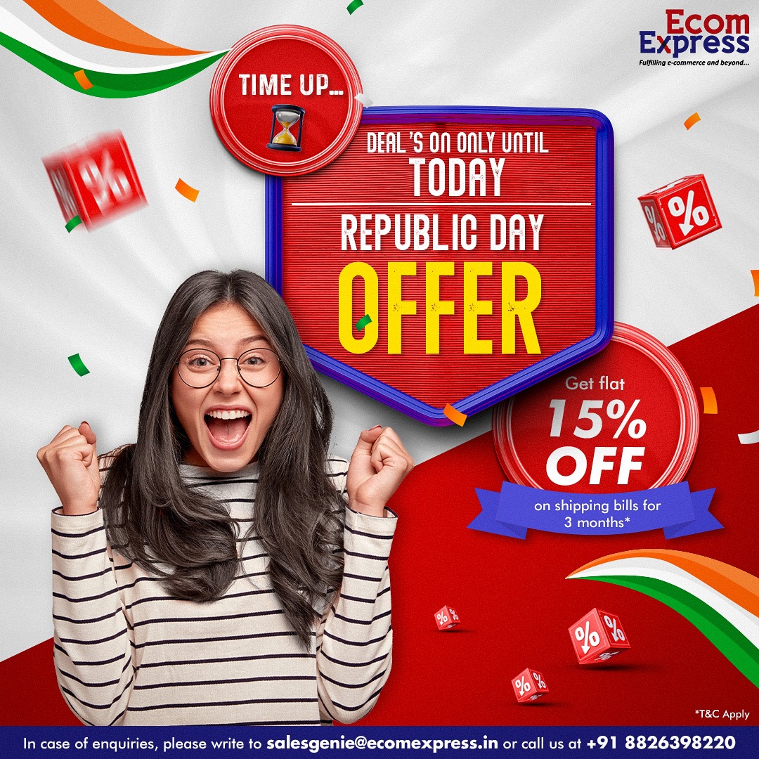 Ecom Express Official (@ecomexpress_ofc) on Twitter photo OFFER ENDS TODAY. HURRY!!!!
Sign up now. Click here:- ecomexpress.in/ship-with-us-c…
📧 salesgenie@ecomexpress.in
📞+91 8826398220
#republicdayoffer #ecomexpress #ecommerce #d2cbrands #d2c #onlinebusiness OFFER ENDS TODAY. HURRY!!!!
Sign up now. Click here:- ecomexpress.in/ship-with-us-c…
📧 salesgenie@ecomexpress.in
📞+91 8826398220
#republicdayoffer #ecomexpress #ecommerce #d2cbrands #d2c #onlinebusiness