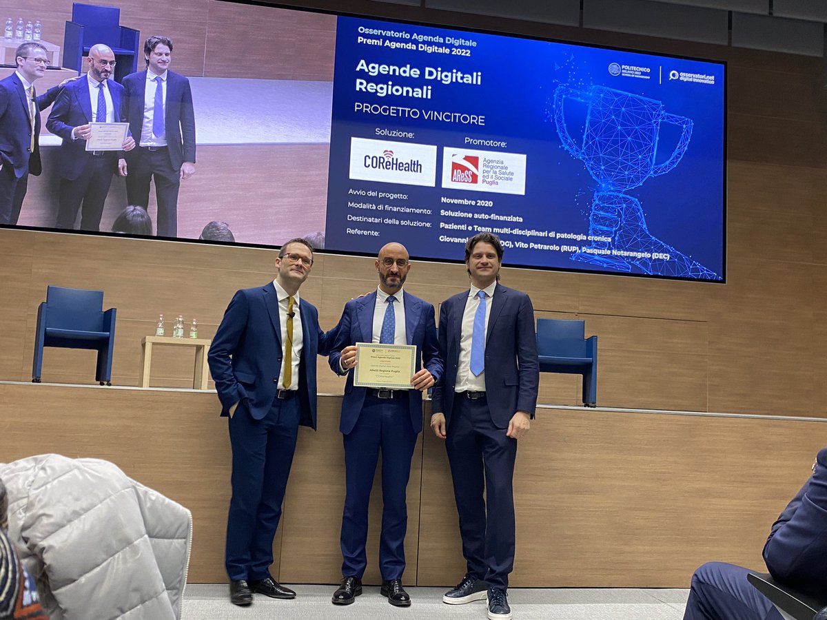 Osserv_Digital's tweet photo. #premiagendadigitale22 @AressPuglia vince nella categoria “Agende Digitali Regionali” con il progetto #COReHealth #OAD23 https://t.co/8saNyW2gG0