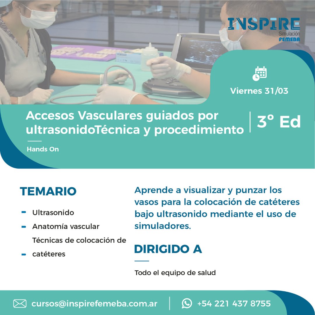 ✅Entende los conceptos generales de ecografía y manejo del ecógrafo.
✅Entrena distintos abordajes ecográficos, que incluyen distintos planos y profundidades.
✅Ejecuta los pasos de la técnica de Seldinger

¿Querés participar? Ingresa en  inspirefemeba.com.ar/r/x27