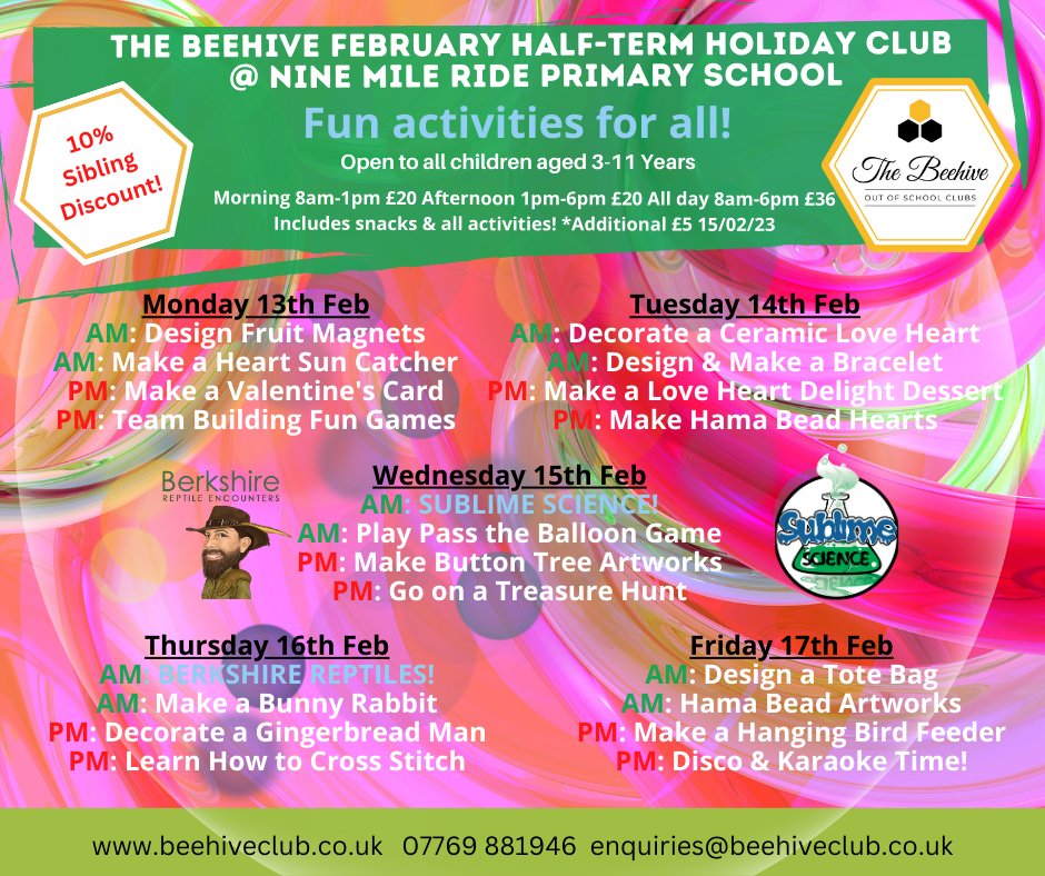 Here with a mid-week reminder for you to book the Beehive Half-Term Holiday Club @nmrprimary  @CrownWoodPS  for a fabulously fun February #halfterm!
✨ @SublimeScience  Wed 15th Feb! ✨
✨ @repencounters  Thurs 16th Feb! ✨
beehiveclub.co.uk/holidayclubs

#halftermclubs #berkshireclubs