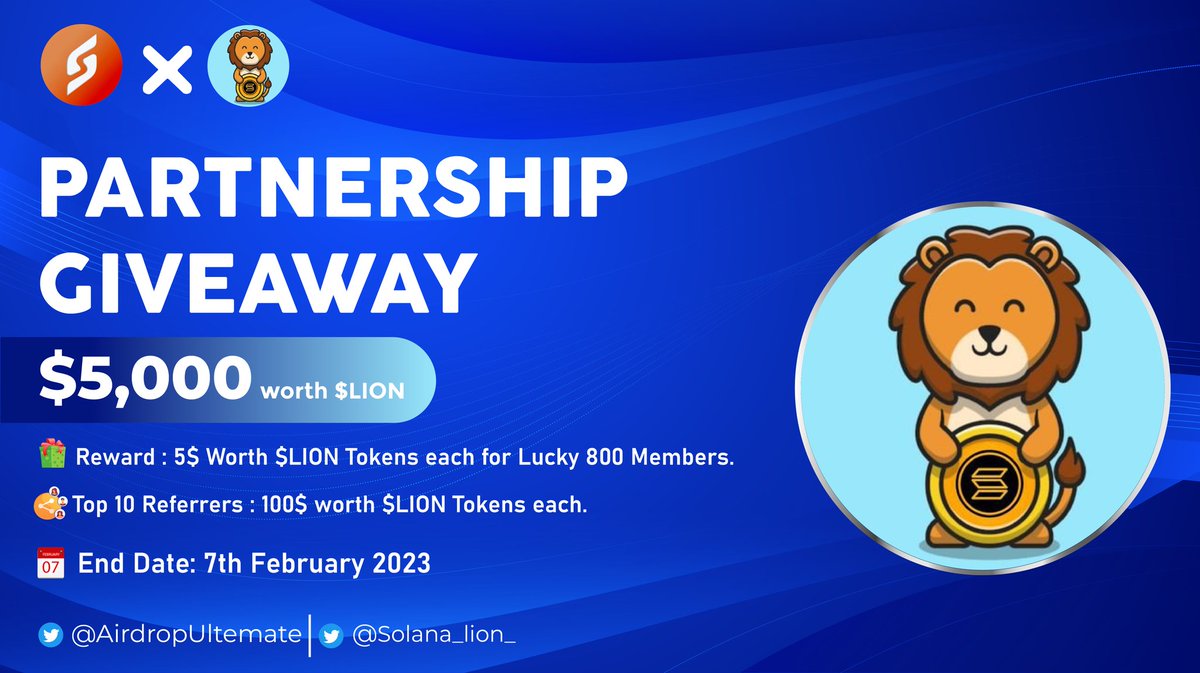 AirdropUltemate's tweet photo. New Giveaway: @Solana_lion_ X @AirdropUltemate
Reward: 5$ worth $LION
Distribution: After TGE

🔗Giveaway Link: https://t.co/JUDBimqYYv

-Complete all tasks of the giveaway
-Submit your Solana wallet address
-For 800 Random Lucky people
-Done

#Solana #Airdrop $LION #memecoin https://t.co/JWNeQZFzhV