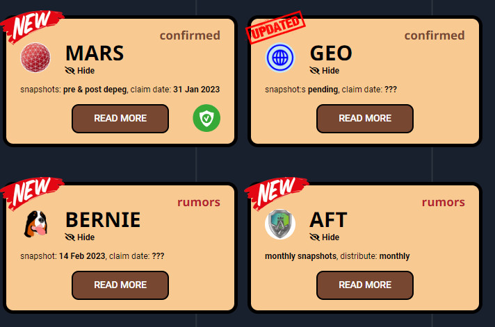 Cosmos Pug (@cosmospug) on Twitter photo Latest #Cosmos #Airdrops 🪂
➡️ today $MARS airdrop (check eligibilty for Terra <a href="/mars_protocol/">Mars Protocol 🔴</a> holders)
➡️ $BERNIE for $CRBUS stakers & LP (I hope IBC is repaired then)
➡️ $GEO snapshots JUNO, EVMOS, STARS, ODIN
➡️ airdrop $AFT for $ACRE stakers
👉🏻details: cosmospug.com/airdrops/?show… Latest #Cosmos #Airdrops 🪂
➡️ today $MARS airdrop (check eligibilty for Terra <a href="/mars_protocol/">Mars Protocol 🔴</a> holders)
➡️ $BERNIE for $CRBUS stakers & LP (I hope IBC is repaired then)
➡️ $GEO snapshots JUNO, EVMOS, STARS, ODIN
➡️ airdrop $AFT for $ACRE stakers
👉🏻details: cosmospug.com/airdrops/?show…