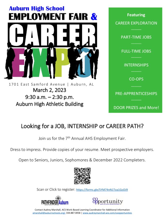 Current AHS Students &amp; December 2022 Completers: AHS Employment Fair and Career Expo will be held on March 2. Sign up today!  Details coming in February. <a href="/auburnhightiger/">Auburn High Tigers</a> <a href="/AuburnCityEdu/">Auburn City Schools</a>