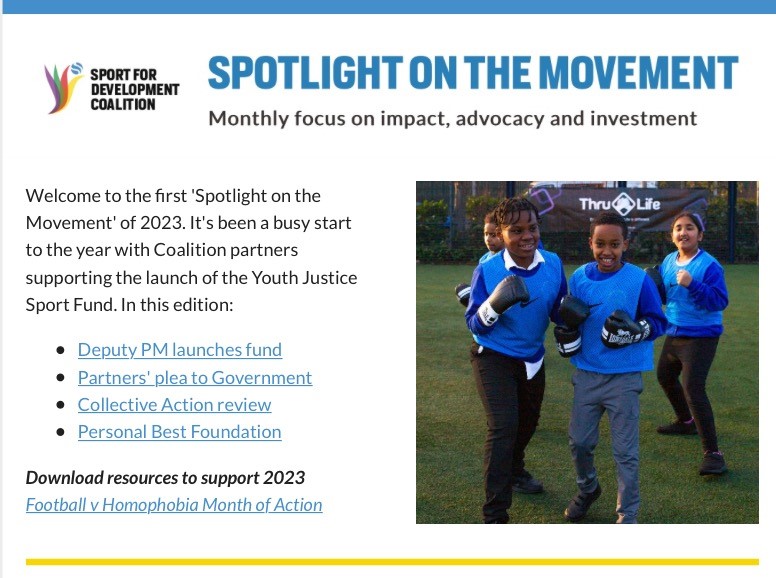 📬 'Spotlight on the Movement'

Catch up on all of the latest news for January 2023 across the #SportForDevelopmentCoalition network👉🏾 bit.ly/3HoHyMj 

Supported by <a href="/comicrelief/">Comic Relief</a> <a href="/Sport_England/">Sport England</a> <a href="/LaureusSport/">Laureus</a>  #OpenGoal #SportForDevelopment