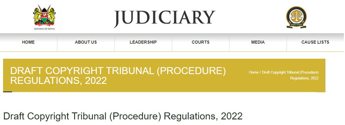 Kenya: Draft #Copyright Tribunal Rules are now available for public comment. A copy of the Draft is available here: judiciary.go.ke/download/draft… <a href="/copytribunal/">Copyright Tribunal (Kenya)</a> <a href="/KenyaCopyright/">Kenya Copyright Board</a> <a href="/TheMCSK/">Music Copyright Society of Kenya (MCSK)</a> <a href="/kampkenya/">Kamp Copyright and Related Rights Limited</a> @priskkenya <a href="/LawSocietyofKe/">Law Society of Kenya</a> <a href="/AGOfficeKenya/">OAG KENYA</a>