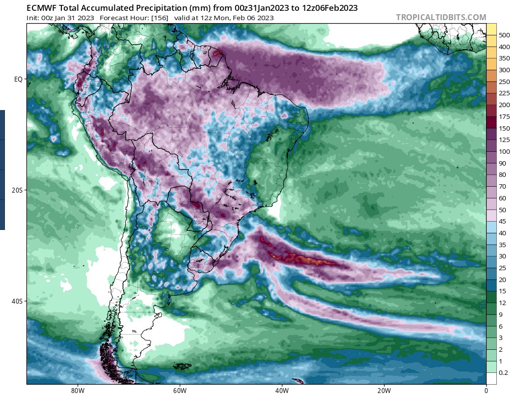 #Lluvia acumulada hasta 5/02/23, prevista por #ecmwf sobre Sudamérica. Se esperan importantes lluvias sobre Sur (+50 mm) y SE (+100 mm) de #Uruguay. Sobre norte región oriental de #Paraguay mas de 150 mm. Fuente: tropicaltidbits.com